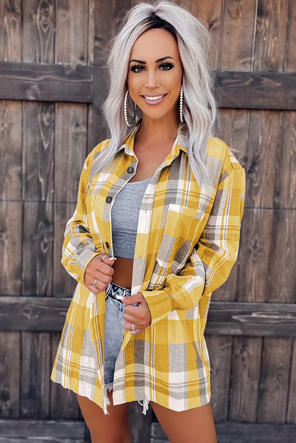 Pink plaid button-up patch pocket shirt from Mommas Hive, casual tops with a classic plaid design and front patch pocket.