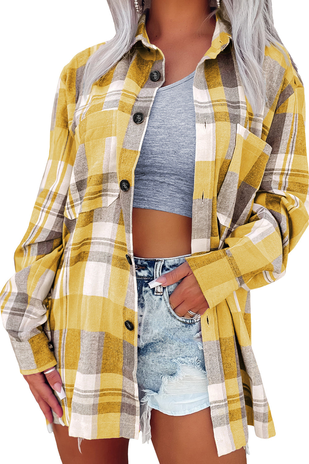 Pink plaid button-up patch pocket shirt from Mommas Hive, casual tops with front patch pocket and long sleeves.