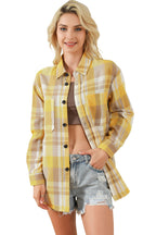 Pink plaid button-up patch pocket shirt from Mommas Hive, a stylish casual top with a classic pattern and front pocket detail.