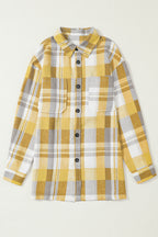 Pink plaid button-up patch pocket shirt by Mommas Hive, featuring a classic style and chest pocket detail.