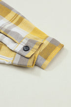Pink plaid button-up patch pocket shirt from Mommas Hive, casual tops with a classic design and front pocket detail.