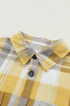 Pink plaid button-up patch pocket shirt by Mommas Hive, casual tops featuring a classic pattern and front pocket detail.