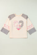 Beige plaid floral peace heart graphic long sleeve top from Mommas Hive, featuring wide fit and casual style.