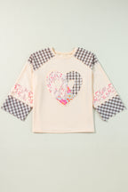 Beige plaid floral peace heart graphic long sleeve top from Mommas Hive, featuring wide fit and casual style.