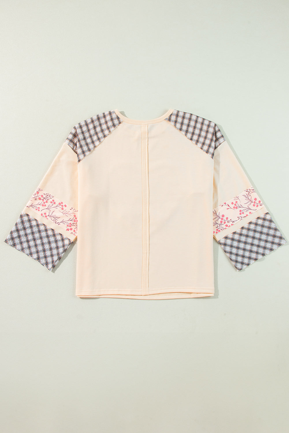 Beige plaid floral peace heart graphic long sleeve top by Mommas Hive, featuring wide fit and casual style.