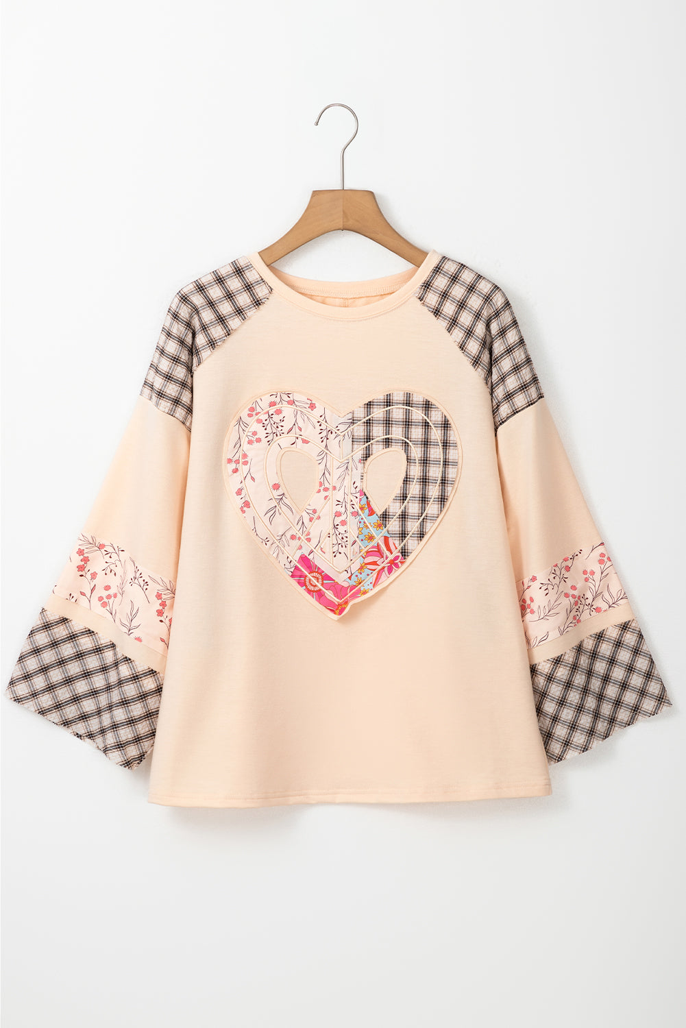 Beige plaid floral peace heart graphic long sleeve top by Mommas Hive, featuring wide fit and soft fabric blend.