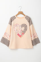 Beige plaid floral peace heart graphic long sleeve top by Mommas Hive, featuring wide fit and soft fabric blend.