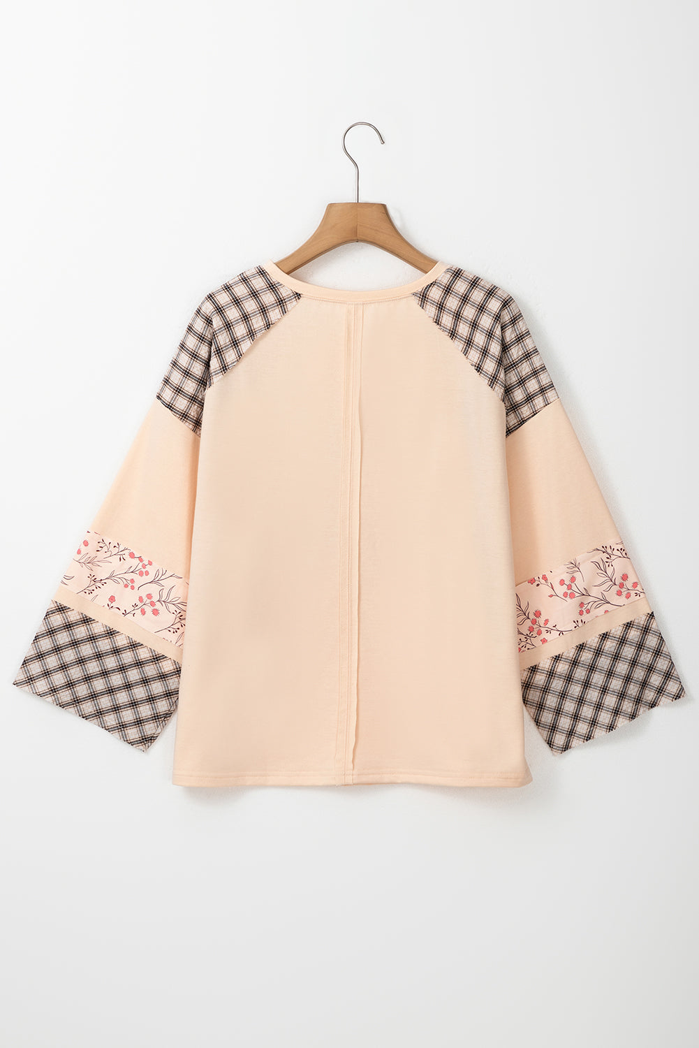 Beige plaid floral peace heart graphic long sleeve top by Mommas Hive, featuring a wide fit and casual style.