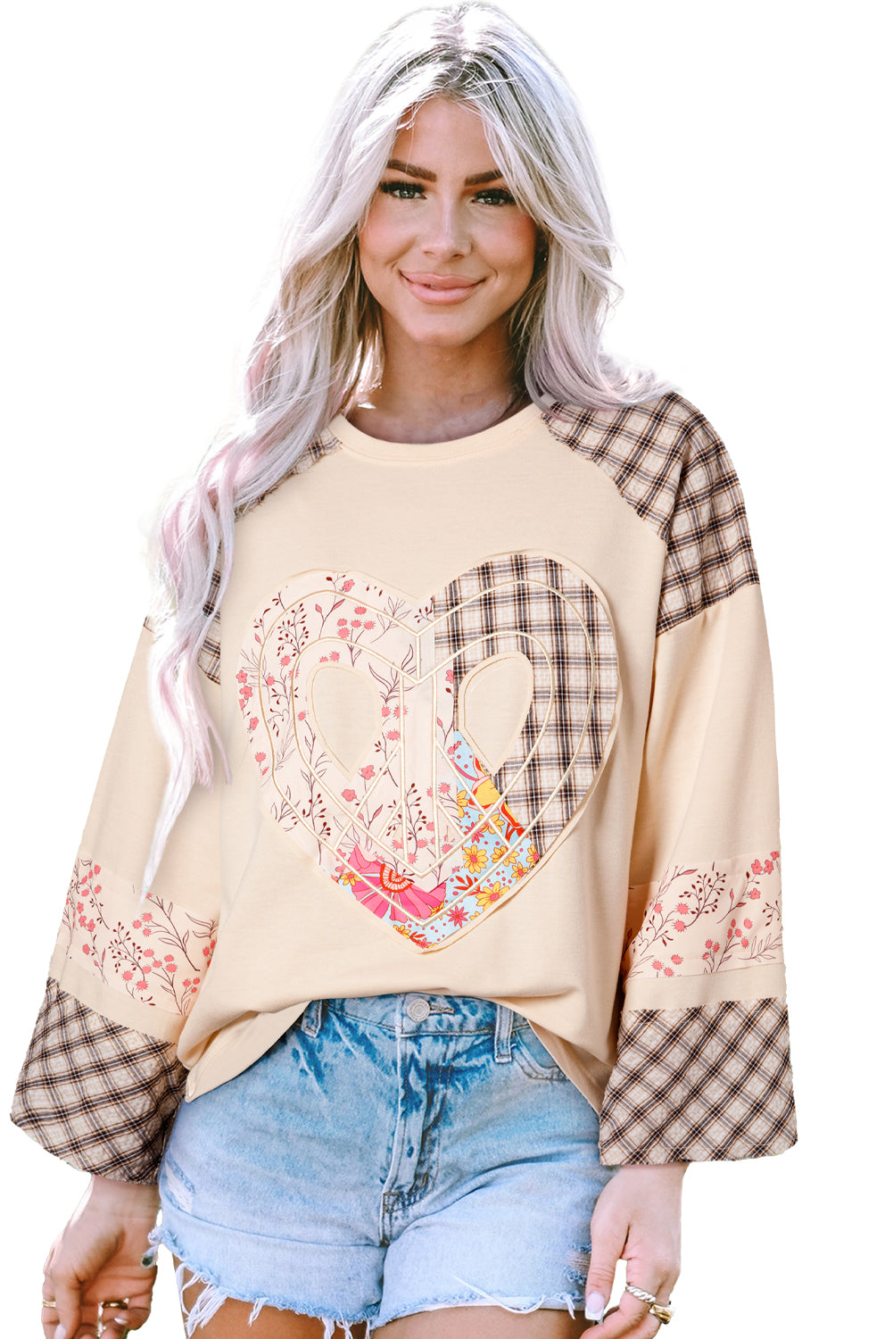 Beige plaid floral peace heart graphic wide long sleeve top by Mommas Hive, featuring a relaxed fit and decorative print.