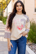 Beige plaid floral peace heart graphic long sleeve top by Mommas Hive, featuring a wide fit and casual style.