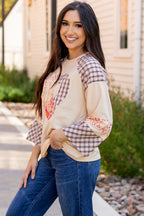 Beige plaid floral peace heart graphic long sleeve top by Mommas Hive, with a wide fit and casual style.