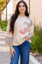 Beige plaid floral peace heart graphic long sleeve top by Mommas Hive, featuring a wide fit and casual style.