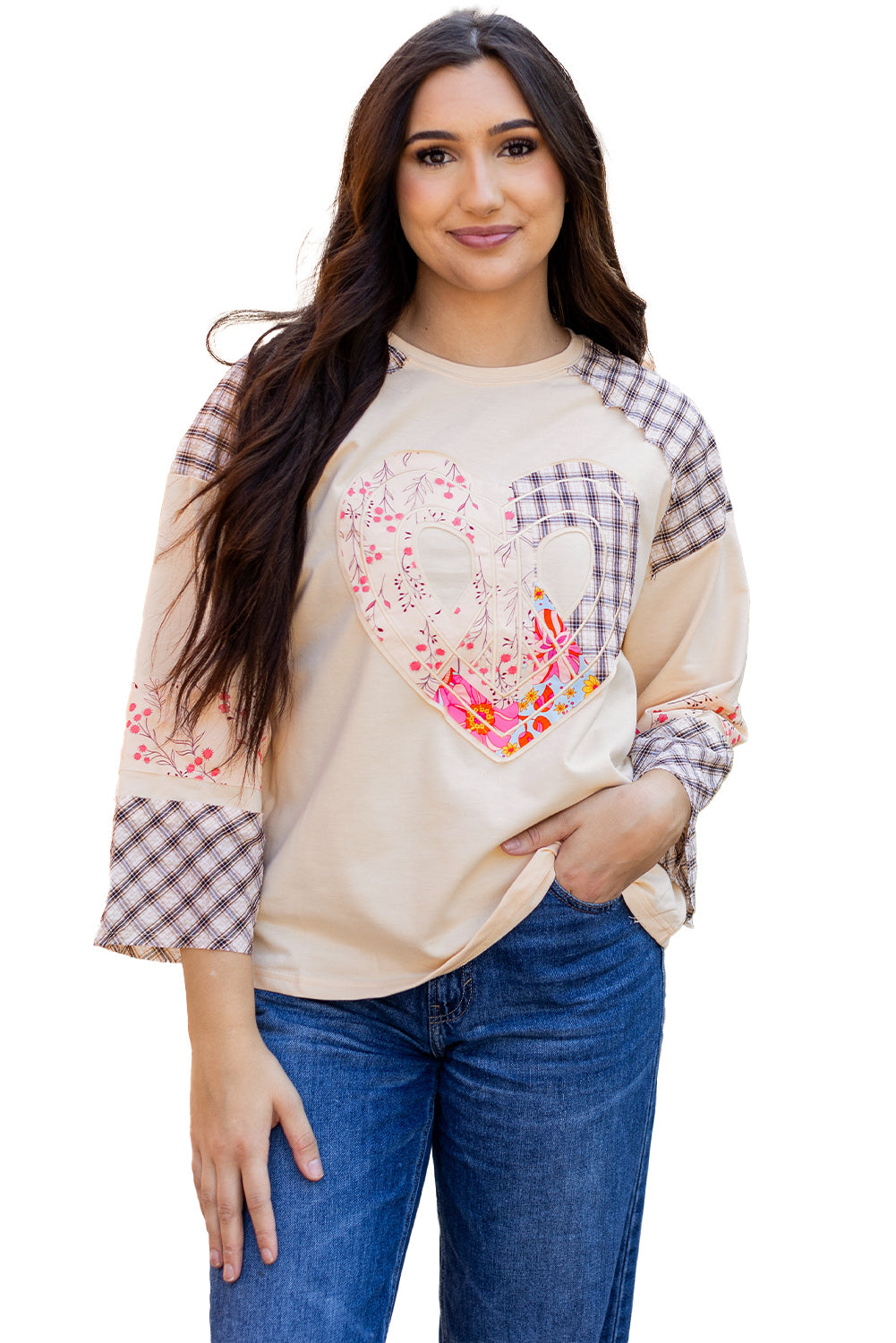 Beige plaid floral peace heart graphic long sleeve top by Mommas Hive, featuring wide fit and soft fabric blend of polyester, cotton, and elastane.
