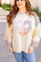 Beige plaid floral peace heart graphic long sleeve top by Mommas Hive, featuring wide fit and casual style.