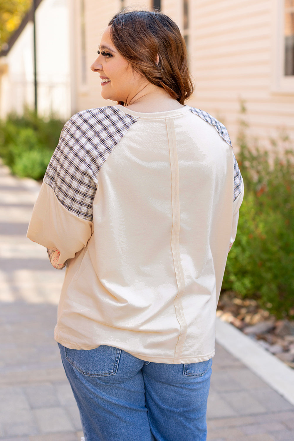 Beige plaid floral peace heart graphic long sleeve top by Mommas Hive, featuring wide fit and casual style.