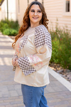 Beige plaid floral peace heart graphic long sleeve top by Mommas Hive, featuring a wide fit and casual style.