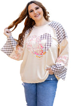 Beige plaid floral peace heart graphic long sleeve top from Mommas Hive, featuring a wide fit and casual style.