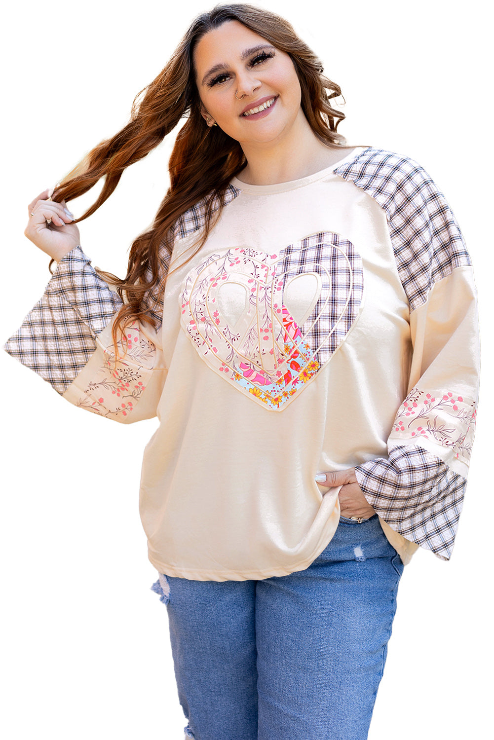 Beige plaid floral peace heart graphic long sleeve top from Mommas Hive, featuring a wide fit and casual style.