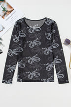Black round neck mesh top with bow print from Mommas Hive, long sleeve design made of polyester and elastane.