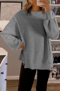 Gray waffle knit bishop sleeve split oversized top from Mommas Hive, long sleeve casual top for comfortable everyday wear.