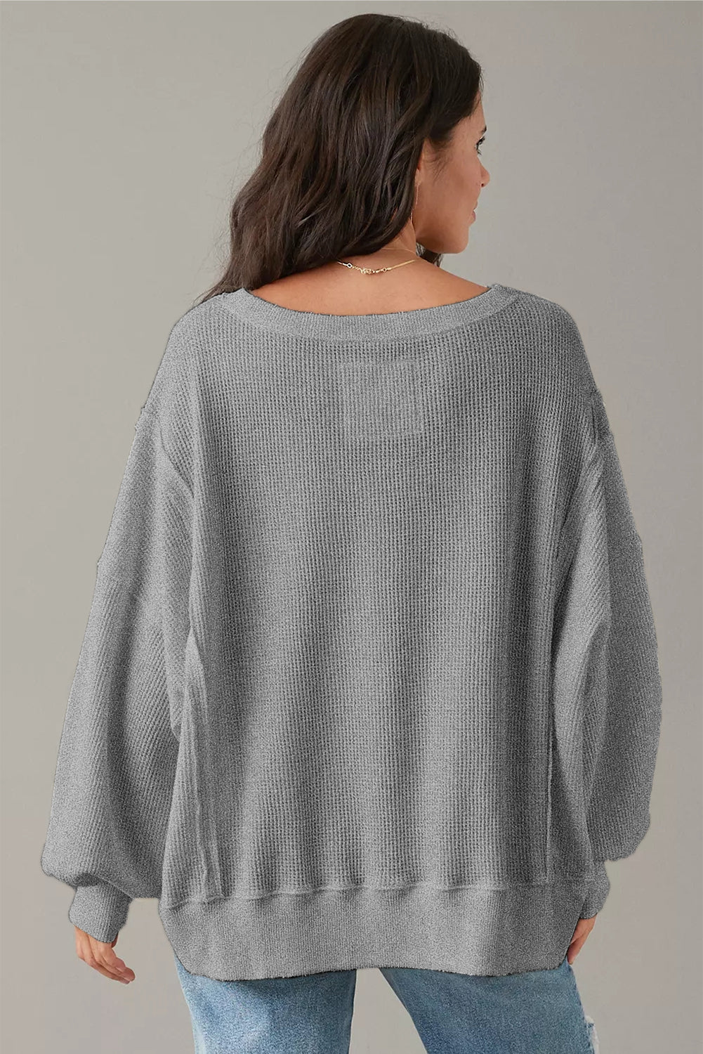 Gray waffle knit oversized top with bishop sleeves and split design, made by Mommas Hive, long sleeve casual women's blouse