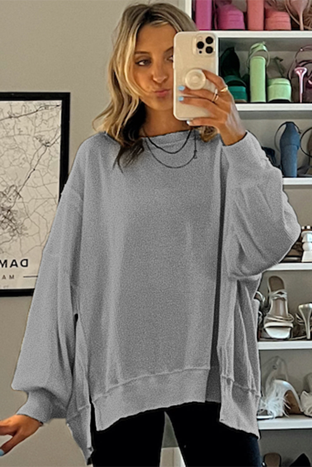 Gray waffle knit oversized long sleeve top with bishop sleeves and split design by Mommas Hive.