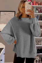 Gray waffle knit Bishop sleeve split oversized top by Mommas Hive, long sleeve and relaxed fit for casual style.