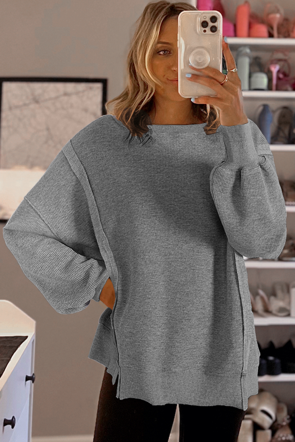 Gray waffle knit Bishop sleeve split oversized top by Mommas Hive, long sleeve and relaxed fit for casual style.