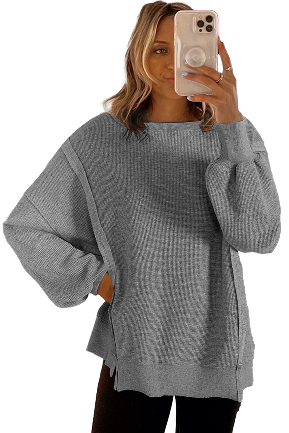 Gray waffle knit bishop sleeve split oversized top by Mommas Hive, long sleeve fashion top with relaxed fit and stylish details.