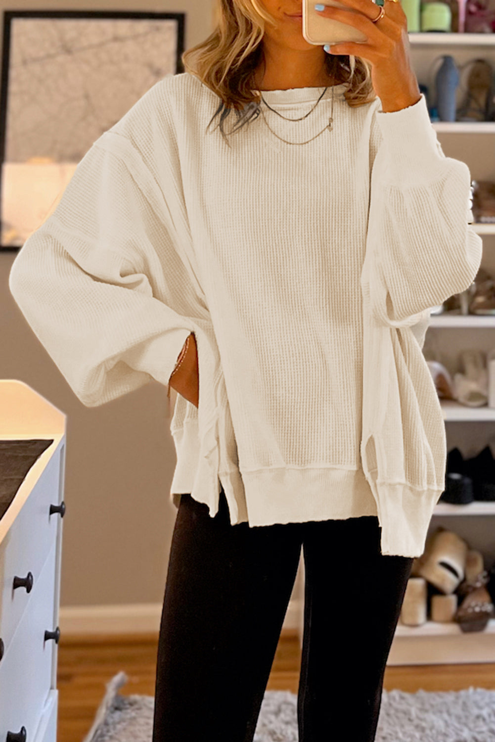 Gray waffle knit Bishop sleeve oversized top from Mommas Hive, featuring split design and long sleeves.