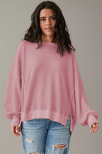 Gray waffle knit oversized long sleeve top with bishop sleeves and split design from Mommas Hive.