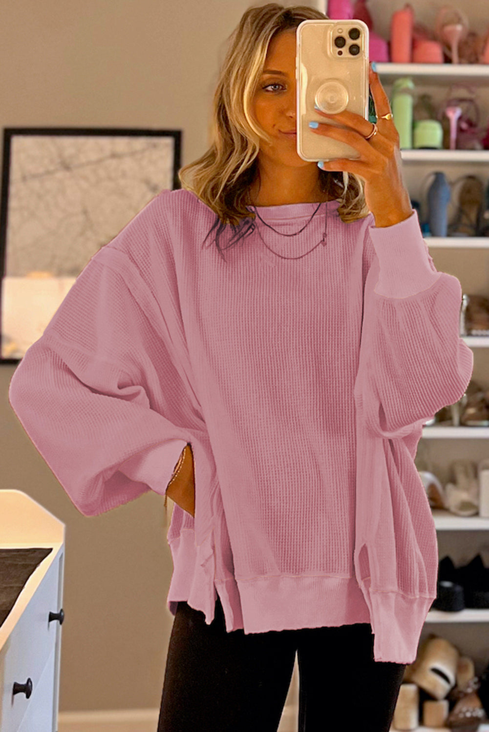 Gray waffle knit oversized top by Mommas Hive with bishop sleeves and split design, long sleeve casual women’s top.