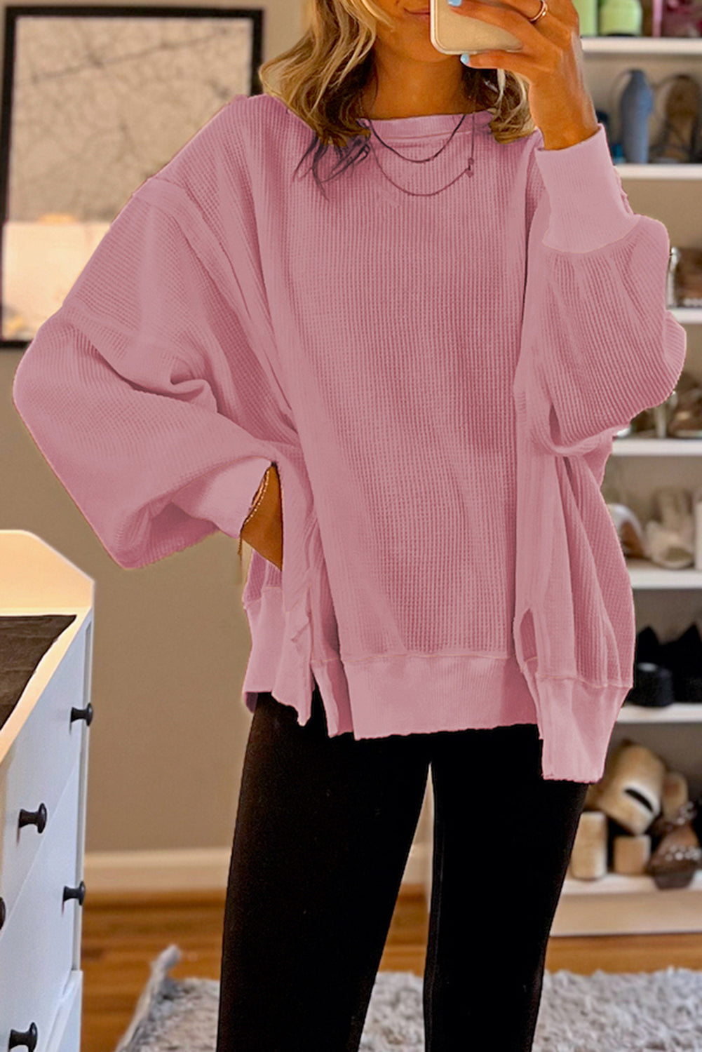 Gray waffle knit oversized long sleeve top with bishop sleeves and split design by Mommas Hive.