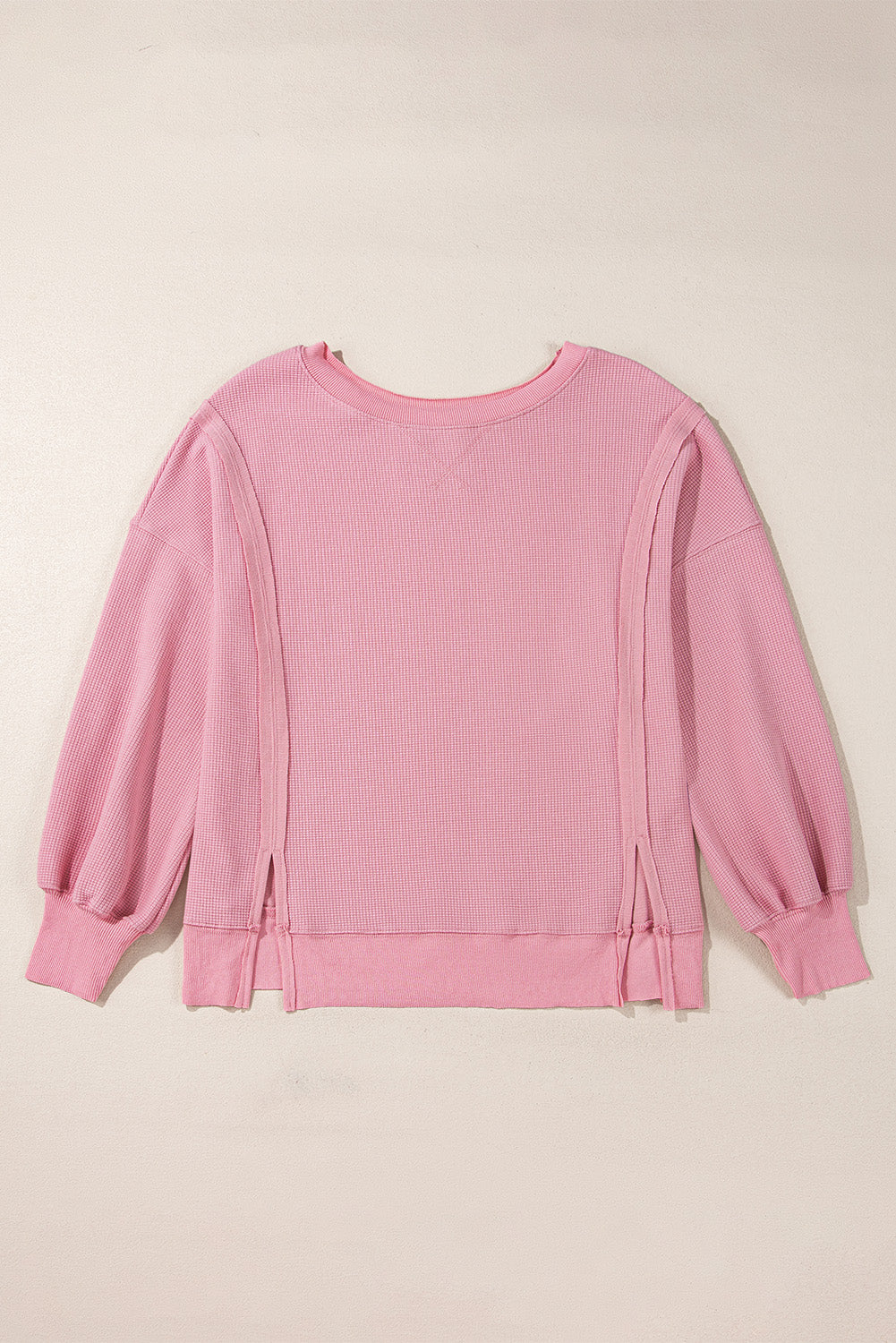 Gray waffle knit bishop sleeve split oversized top by Mommas Hive, long sleeve casual top with relaxed fit and stylish design.