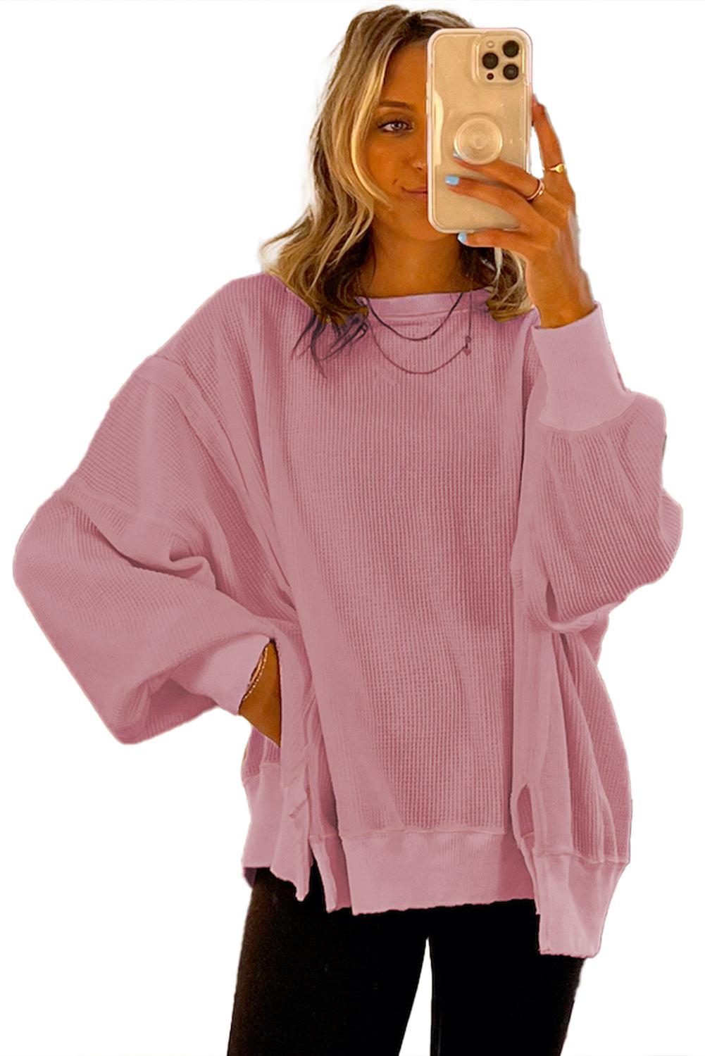 Gray waffle knit Bishop sleeve split oversized top by Mommas Hive, long sleeve design with relaxed fit and stylish details.