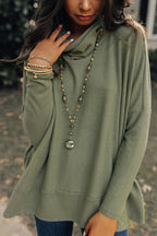Jungle green cowl neck shift tunic top by Mommas Hive, long sleeve women's shirt with polyester, cotton, and elastane fabric.