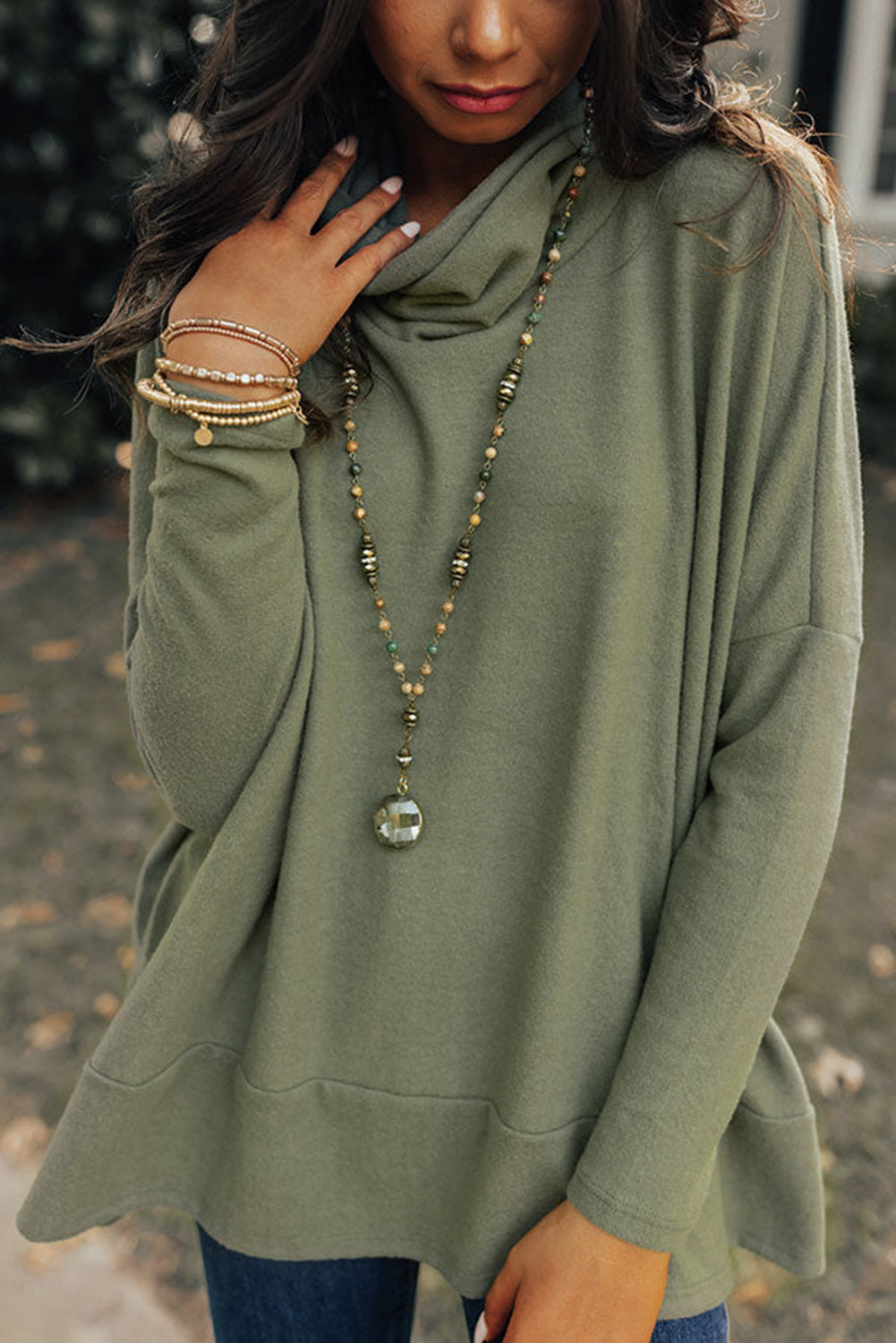Jungle green cowl neck shift tunic top by Mommas Hive, long sleeve women's shirt with polyester, cotton, and elastane fabric.