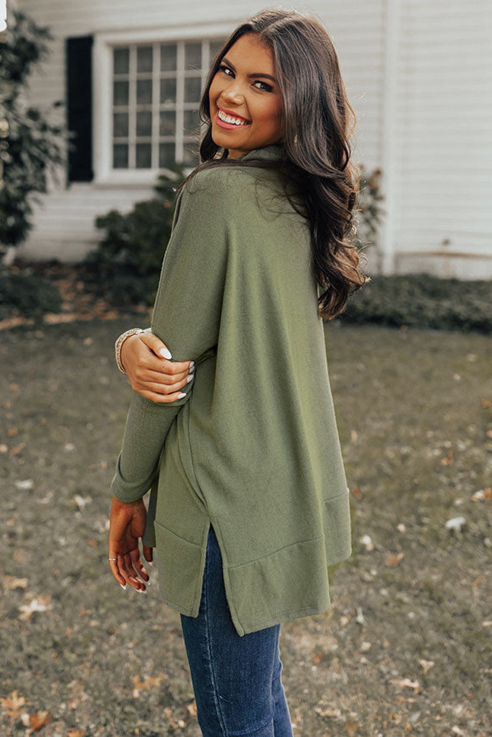Mommas Hive jungle green long sleeve cowl neck shift tunic top made of polyester, cotton, and elastane, styled for casual wear.