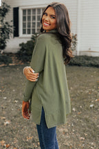 Mommas Hive jungle green long sleeve cowl neck shift tunic top made of polyester, cotton, and elastane, styled for casual wear.