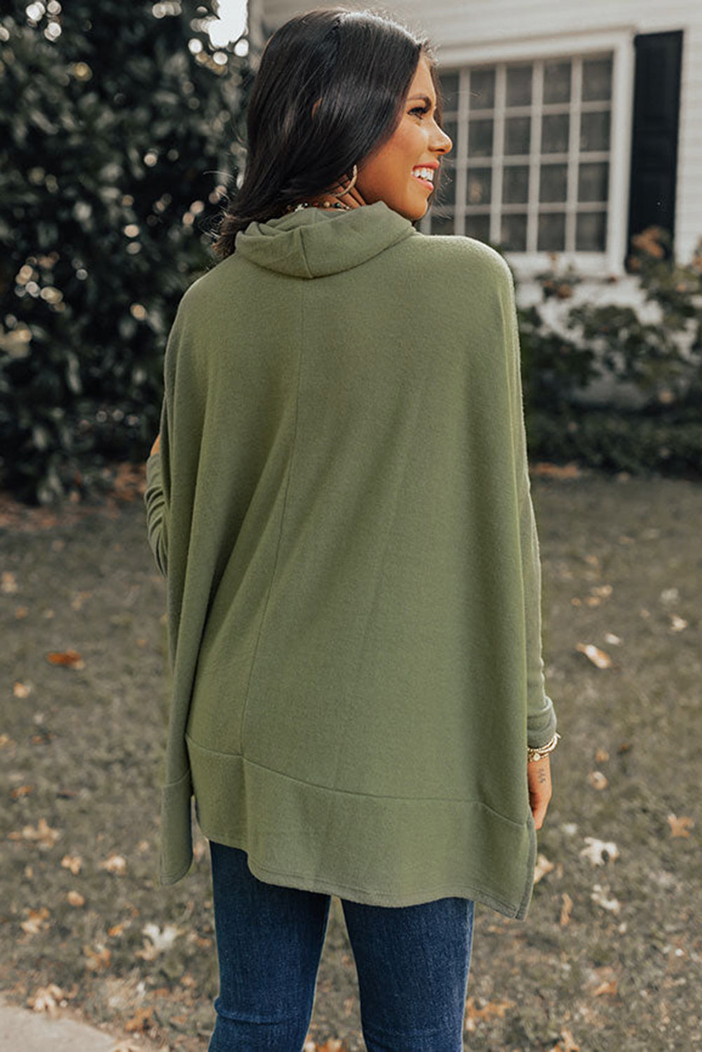 Mommas Hive jungle green cowl neck shift tunic top, long sleeve, polyester cotton blend, stylish and comfortable women's top.