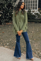 Jungle green Mommas Hive long sleeve cowl neck shift tunic top made of polyester, cotton, and elastane fabric.