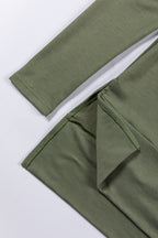Mommas Hive jungle green long sleeve cowl neck shift tunic top made of polyester, cotton, and elastane fabric.