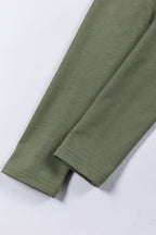 Jungle green Mommas Hive cowl neck shift tunic top with long sleeves, made of polyester, cotton, and elastane fabric.