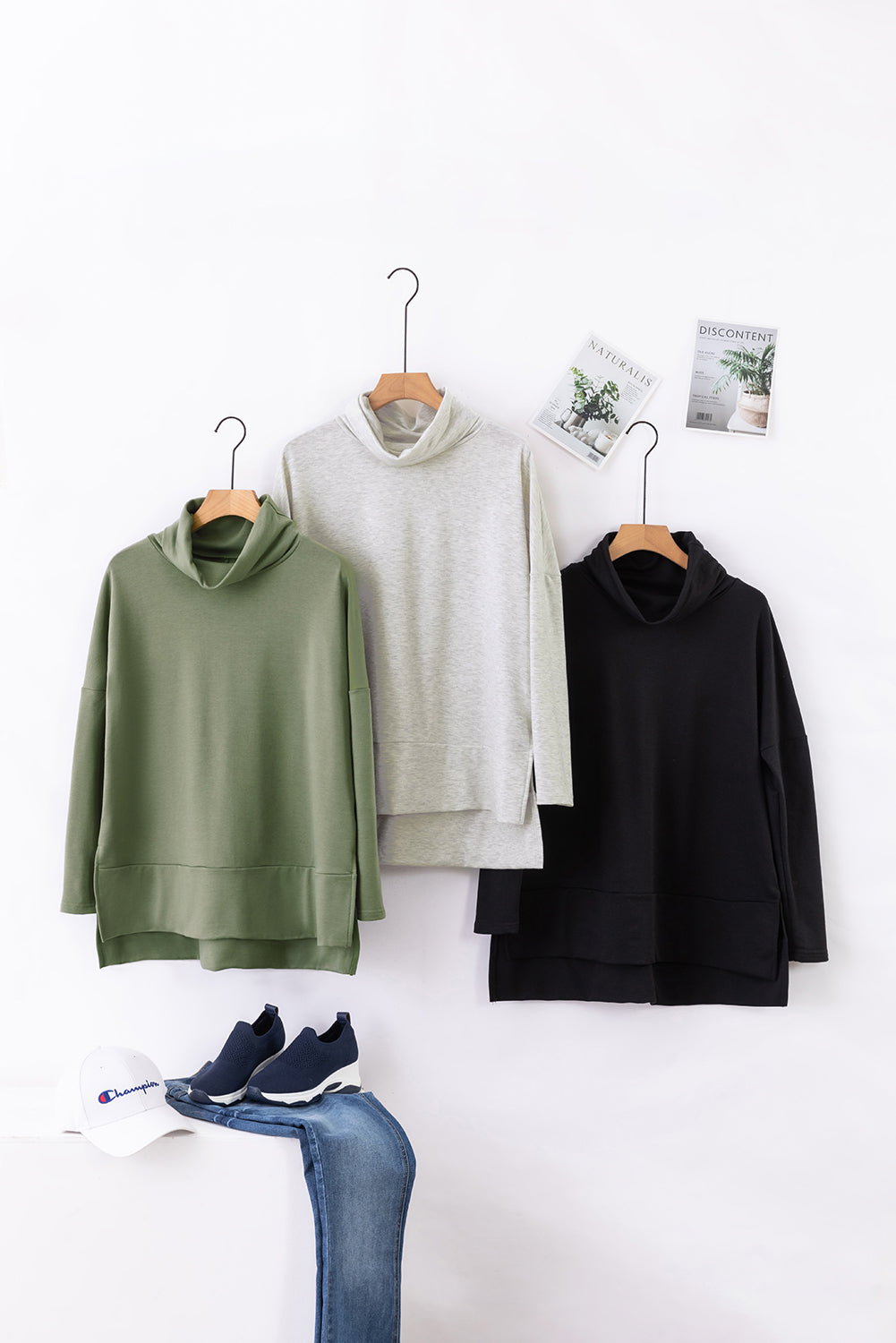 Mommas Hive jungle green cowl neck shift tunic top with long sleeves, made of polyester, cotton, and elastane for a comfortable fit.