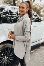 Mommas Hive green cowl neck shift tunic top, long sleeve blouse with polyester, cotton, and elastane fabric, stylish and comfortable.