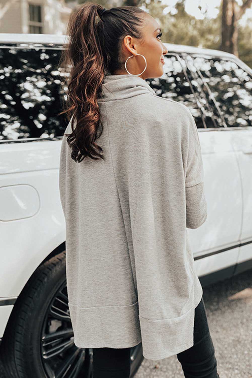Jungle green Mommas Hive long sleeve cowl neck shift tunic top made of polyester, cotton, and elastane, styled with a relaxed fit.