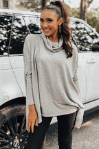 Mommas Hive jungle green cowl neck shift tunic top with long sleeves, made of polyester, cotton, and elastane fabric.