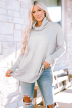 Mommas Hive jungle green cowl neck shift tunic top with long sleeves, polyester, cotton, and elastane blend.