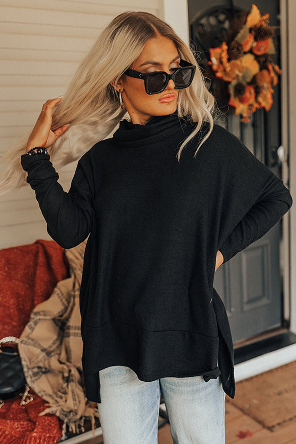 Mommas Hive jungle green cowl neck shift tunic top, long sleeve polyester, cotton, and elastane fabric, casual women's top.