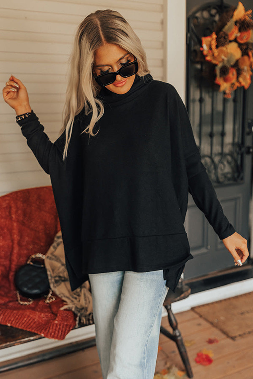 Jungle green Mommas Hive cowl neck shift tunic top with long sleeves, polyester, cotton, and elastane fabric.